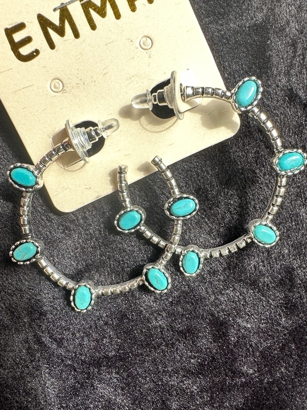 Turquoise Stone Silver Hoop Earrings - Women's Jewelry by